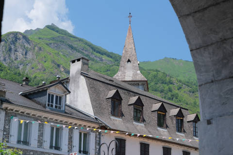 View of Laruns church and mountain from village centre