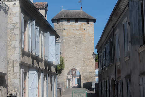 Medieval houses and gateway on bridge in Orthez