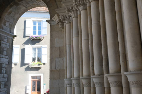 Roman columns in porch of Church of Saint-André in Sauveterre-de-Béarn