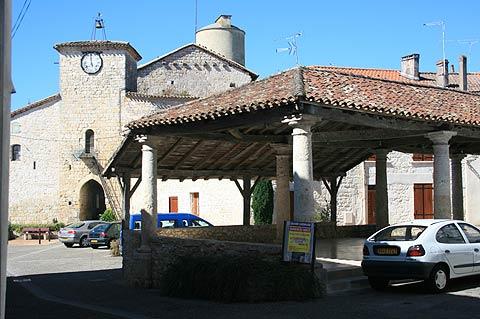 Traditional market hall in centre of Laroque-Timbaut