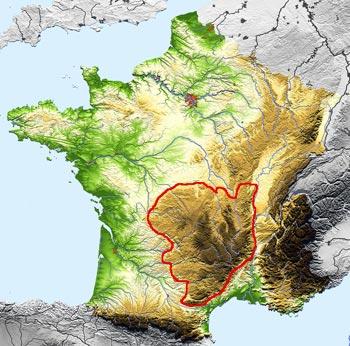 Position of massif Central in southern france