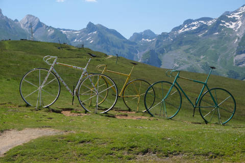 Bikes of the tour de France at the col d'Aubisque